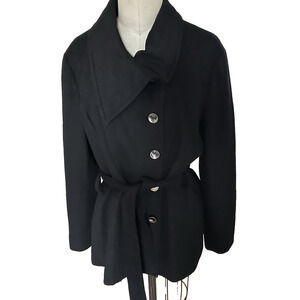 Dué +2 Large Black Wool Blend Short Belt Pea coat Preppy Normcore Academia Y2K